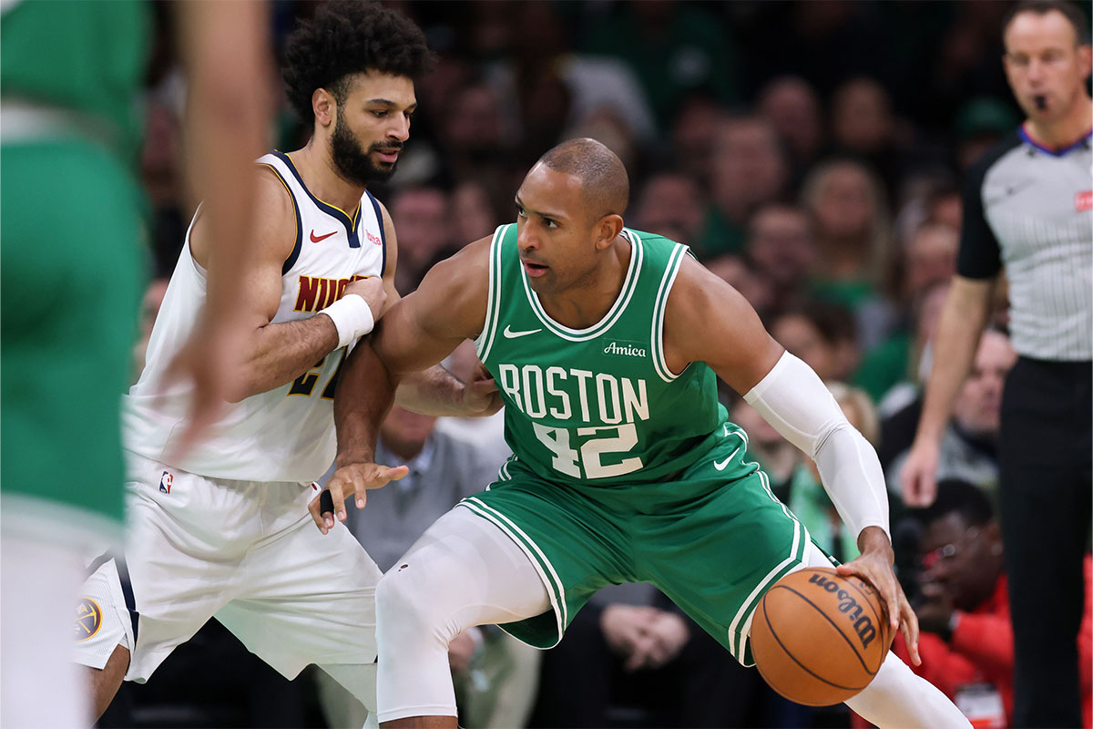 Boston Celtics center Al Horford (42) defended by Denver Nuggets guard Jamal Murray (27) during the first half at TD Garden. 