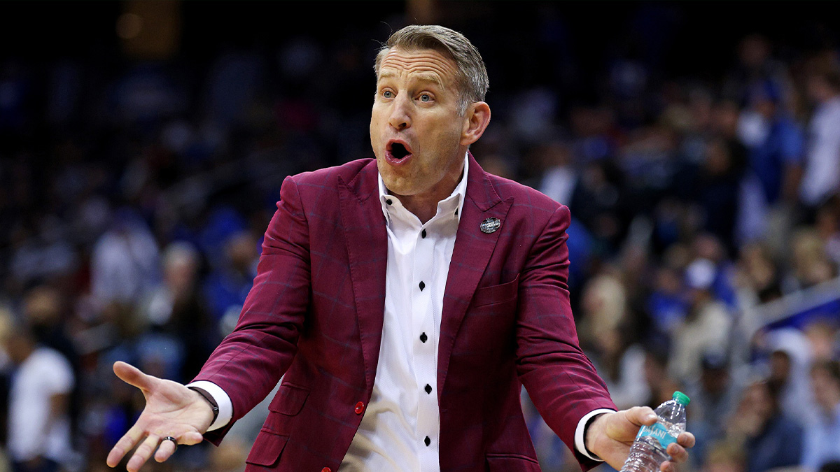 Alabama Crimson Tide head coach Nate Oats reacts to a call during the first half against the Duke Blue Devils in the East Regional final of the 2025 NCAA tournament at Prudential Center.