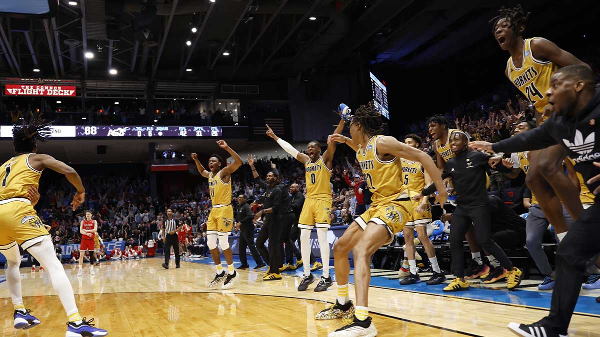 The Alabama State Hornets celebrate a play in the second half against the St. Francis (Pa) Red Flash at UD Arena.