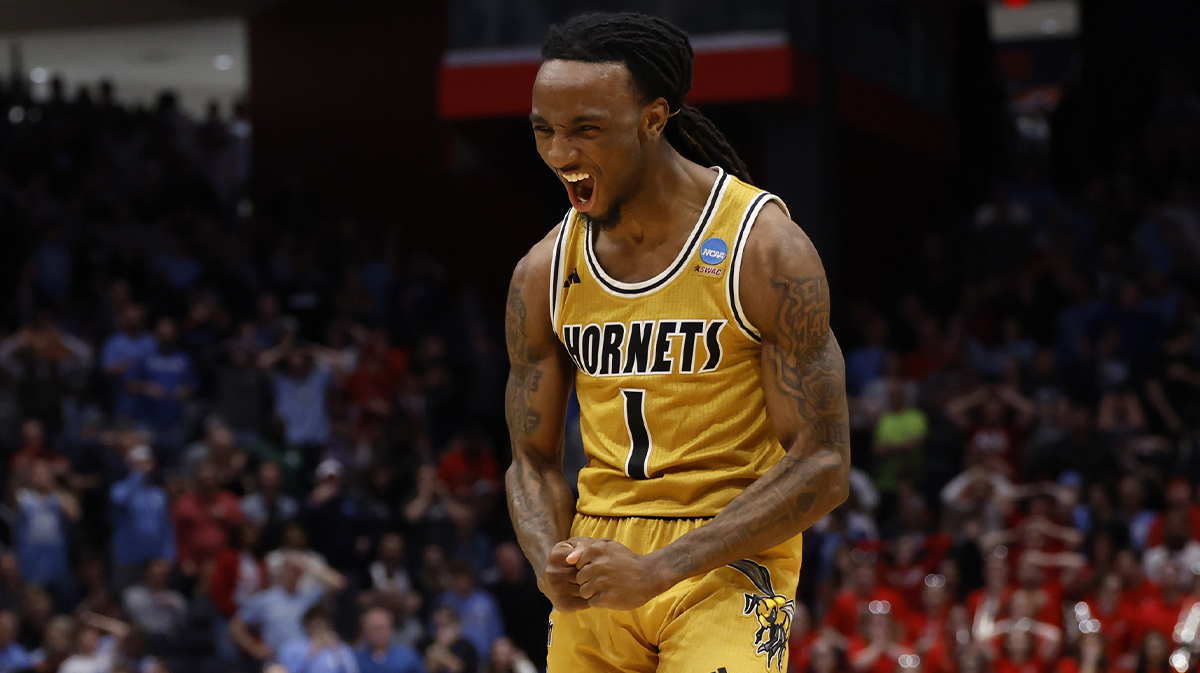 Alabama State Hornets guard Amarr Knox (1) celebrates in the second half against the St. Francis (Pa) Red Flash at UD Arena.