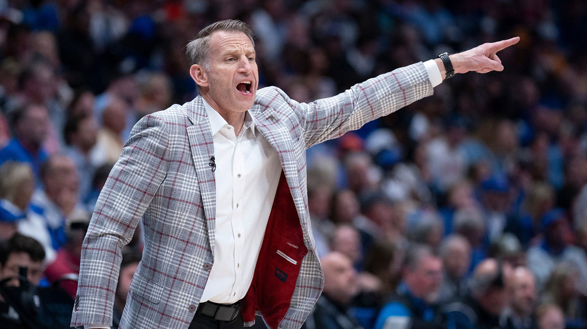 Alabama head coach Nate Oats works the sideline against Florida during the first half of their quarterfinal game of the SEC Men's Basketball Tournament at Bridgestone Arena in Nashville, Tenn., Saturday, March 15, 2025.