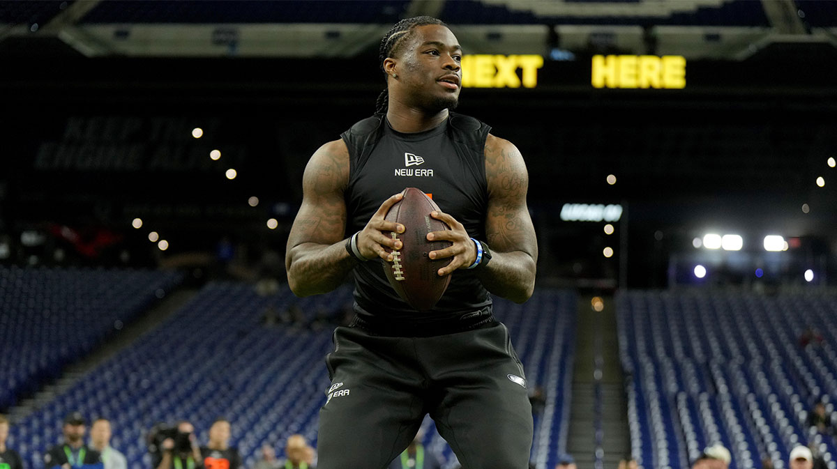 Alabama quarterback Jalen Milroe (QB11) during the 2025 NFL Combine at Lucas Oil Stadium.