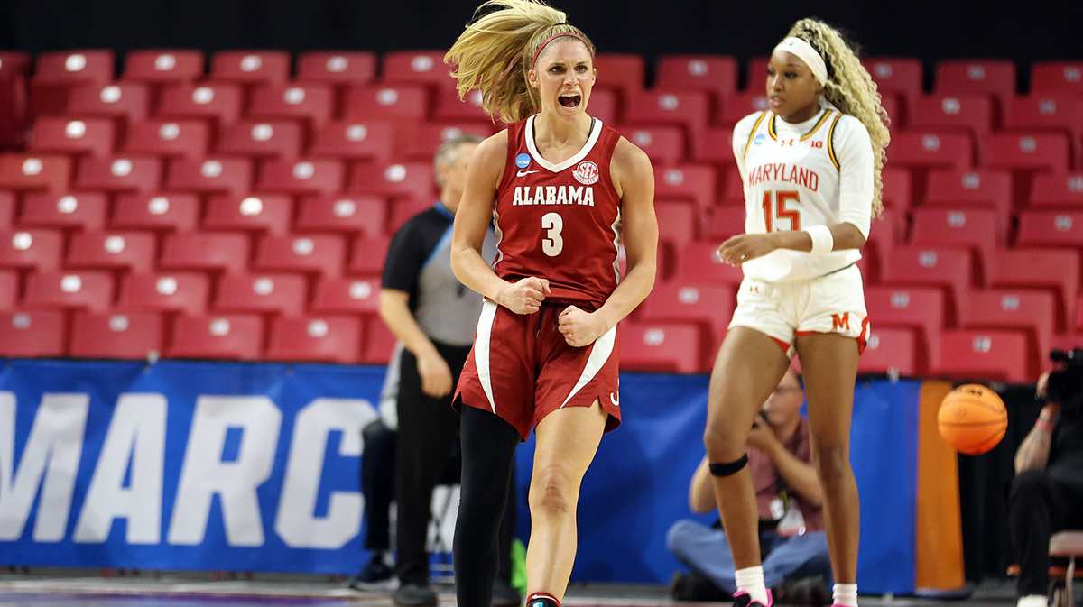 Alabama Crimson Tide guard Sarah Ashlee Barker (3) celebrates during the second half against the Maryland Terrapins.