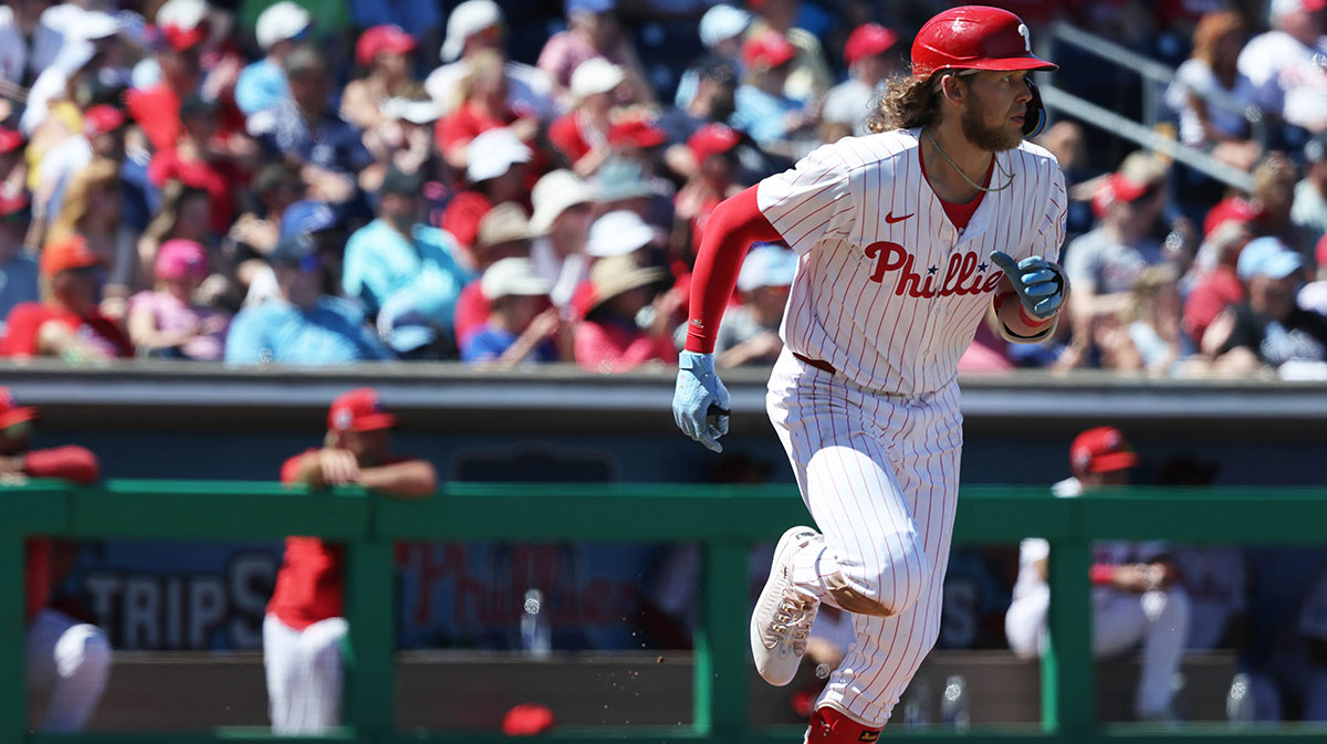 Philadelphia Phillies third base Alec Bohm (28) singles during the sixth inning against the New York Yankees at BayCare Ballpark.