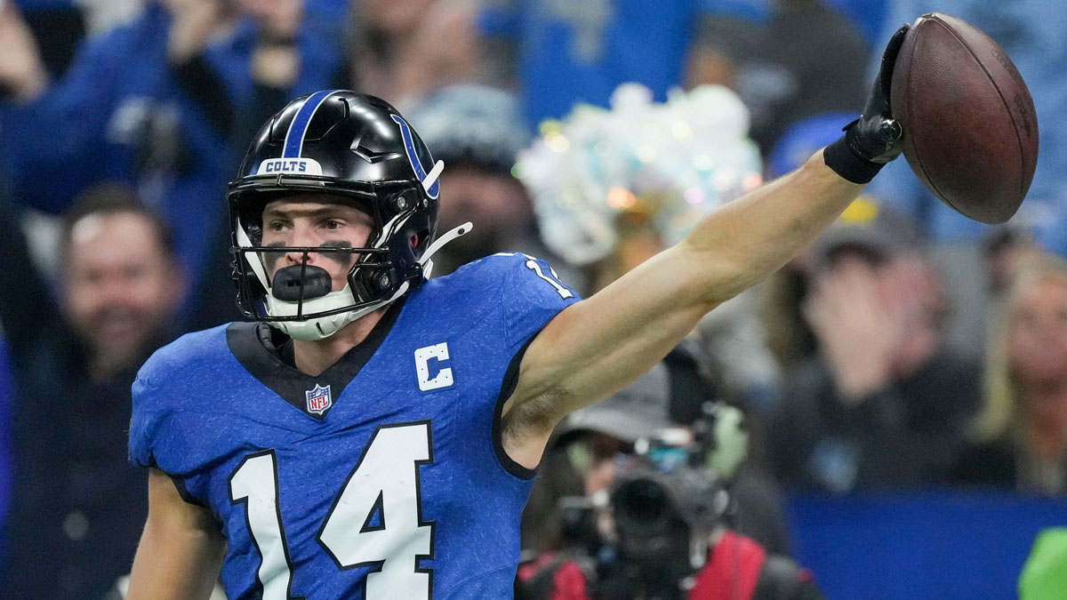 Indianapolis Colts wide receiver Alec Pierce (14) celebrates after making a catch Sunday, Nov. 24, 2024, during a game against the Detroit Lions at Lucas Oil Stadium in Indianapolis.