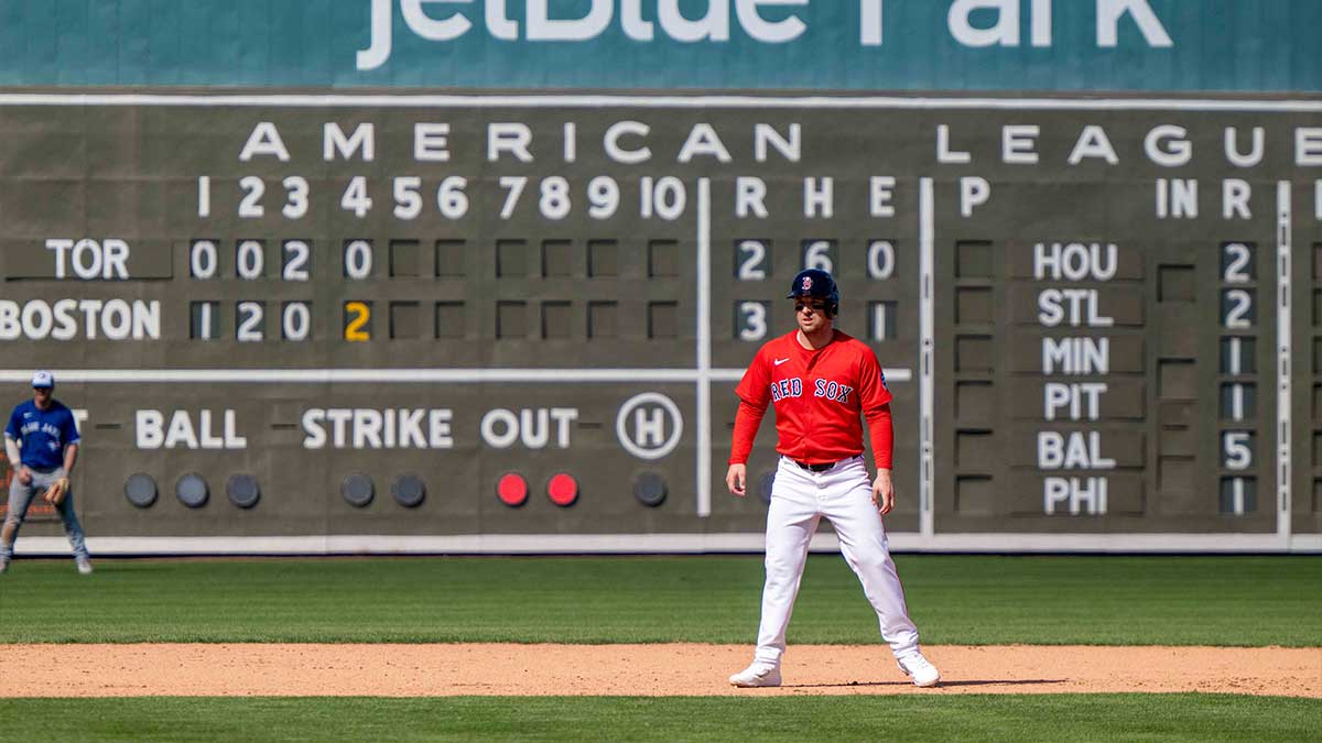 Boston Red Sox infielder Alex Bregman (2) takes a lead off second base after hitting a double in the fourth inning of their game against the Toronto Blue Jays at JetBlue Park at Fenway South.