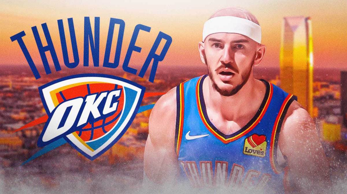Thunder guard Alex Caruso next to the Thunder logo with the Oklahoma City skyline in the background