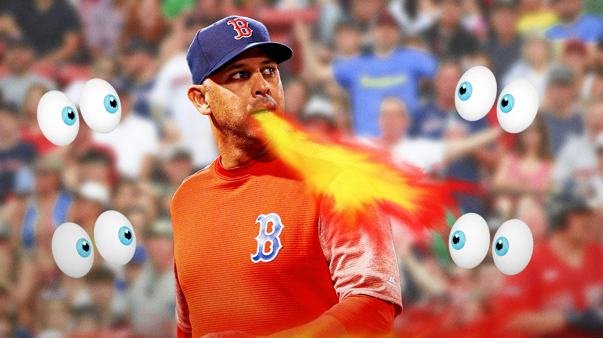 Alex Cora on one side breathing fire, a bunch of Boston Red Sox fans on the other side with the big eyes emoji around them