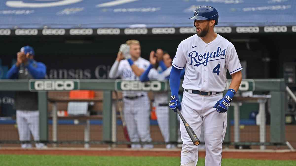 Kansas City Royals left fielder Alex Gordon (4) walks to the plate to lead off the first inning against the Detroit Tigers at Kauffman Stadium. 