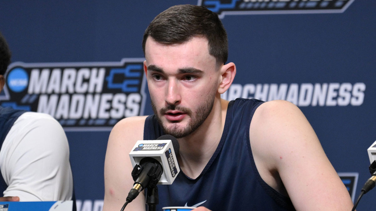 UConn basketball forward Alex Karaban (11) during the NCAA pre tournament press conference at Lenovo Center.