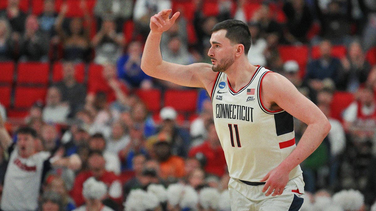 Connecticut Huskies forward Alex Karaban (11) reacts during the second half against the Oklahoma Sooners at Lenovo Center.