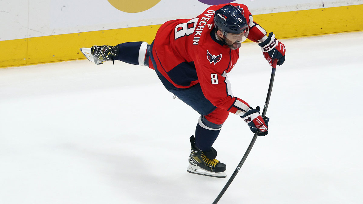 Washington Capitals left wing Alex Ovechkin (8) takes a shot during the second period against the Philadelphia Flyers at Capital One Arena.