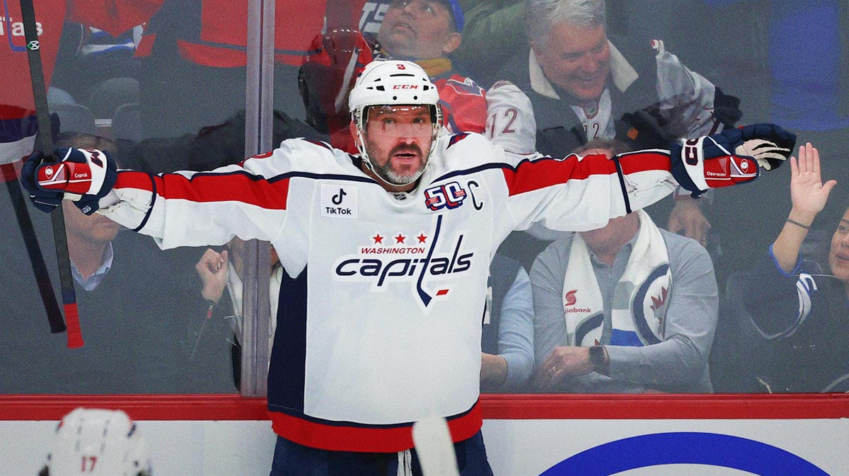 Washington Capitals left wing Alex Ovechkin (8) celebrates his goal against the Winnipeg Jets in the third period at Canada Life Centre.