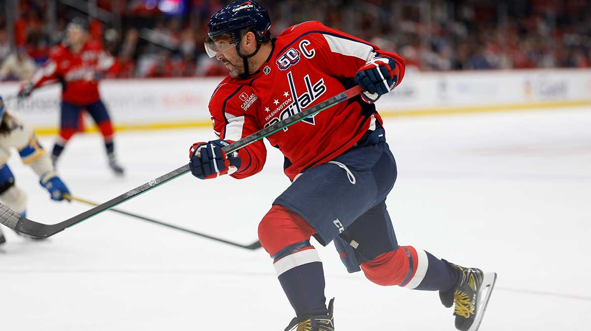 Capitali for Washington Left Wing Alex Ovechkin (8) shoots against St. Louis blues in the third period in the capital one arena.