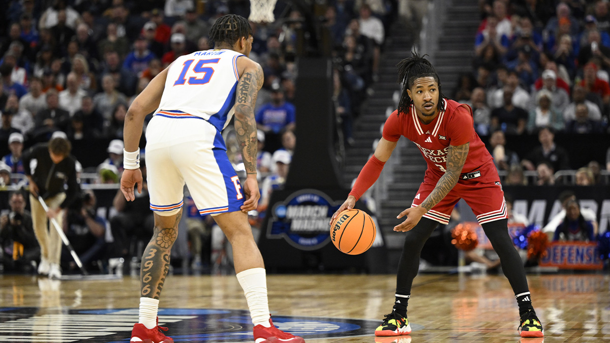 Texas Tech Red Raiders guard Elijah Hawkins (3) dribbles downcourt past Florida Gators guard Alijah Martin (15) during the second half during the West Regional final of the 2025 NCAA tournament at Chase Center. Mandatory Credit: Eakin Howard-Imagn Images
