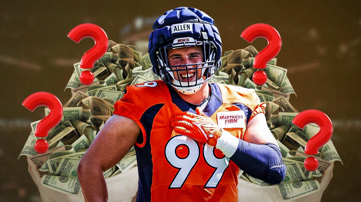 Zach Allen in a Broncos jersey with cash bags around him and question marks around him as well.