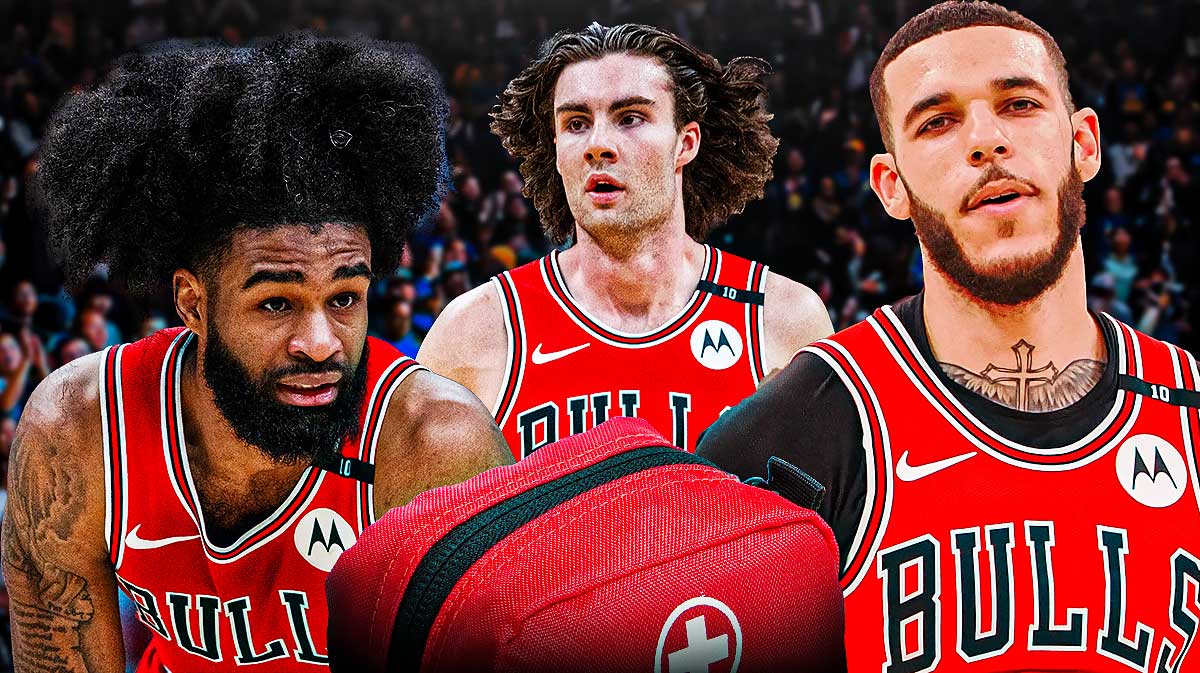 Bulls, Bulls Cavaliers, Bulls injury report, Lonzo Ball, Josh Giddey, Coby White, Josh Giddey and Lonzo Ball all in Bulls unis with Bulls arena in the background, injury first aid kit on graphic