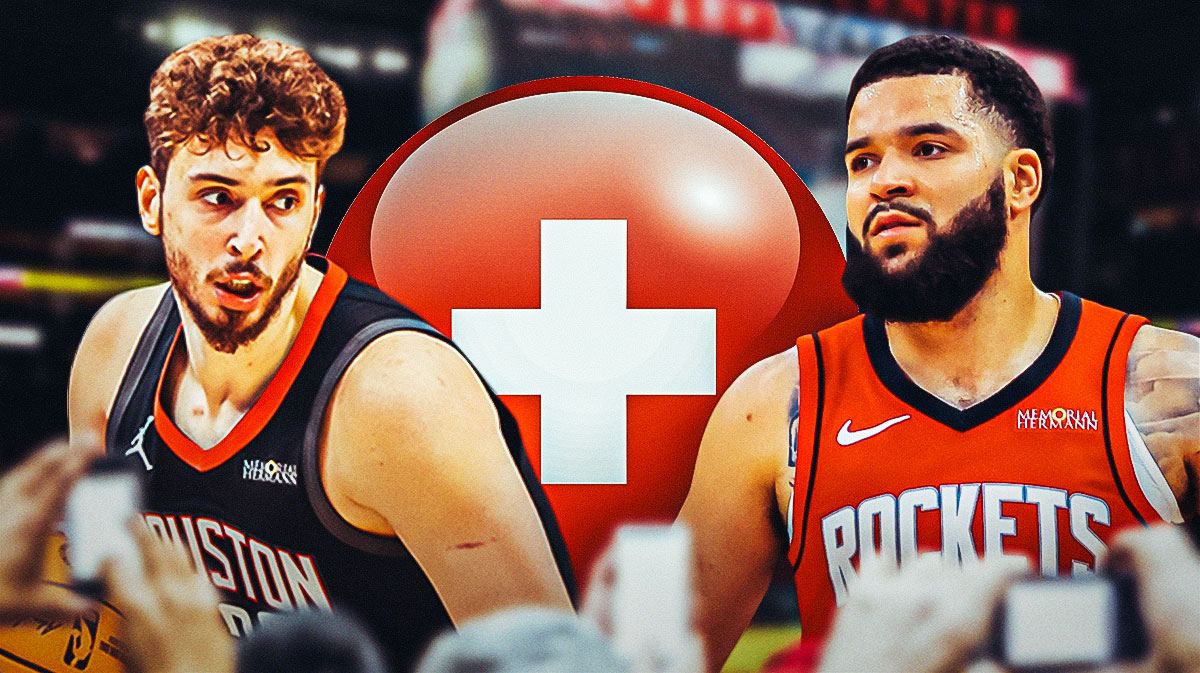 Rockets All-Star Alperen Sengun next to Rockets guard Fred VanVleet with the health symbol in the background vs Thunder