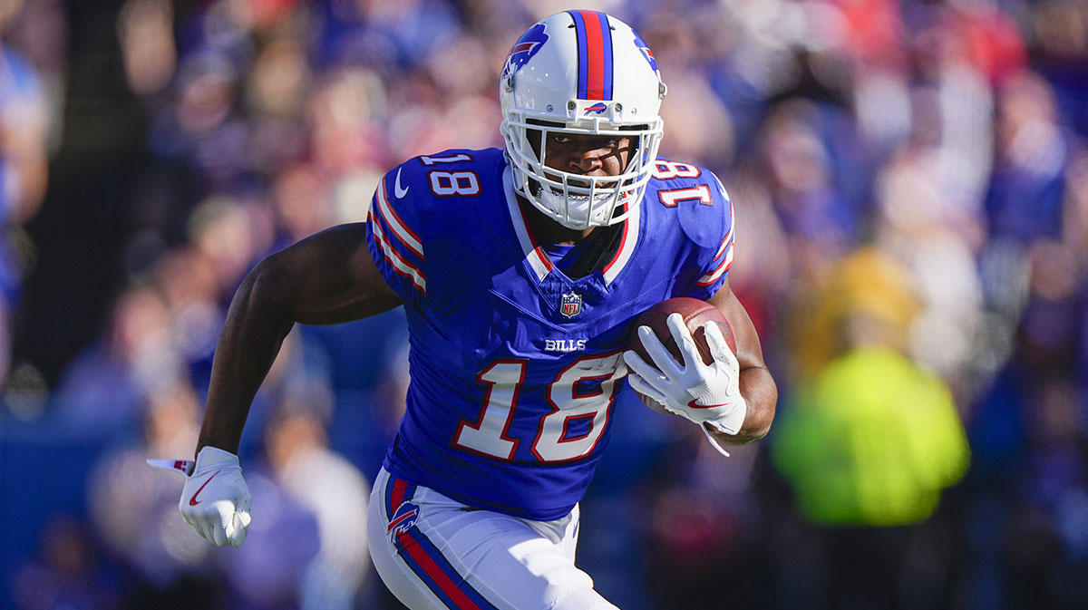 Oct 20, 2024; Orchard Park, New York, USA; Buffalo Bills wide receiver Amari Cooper (18) runs with the ball after making a catch against the Tennessee Titans during the second half at Highmark Stadium. 