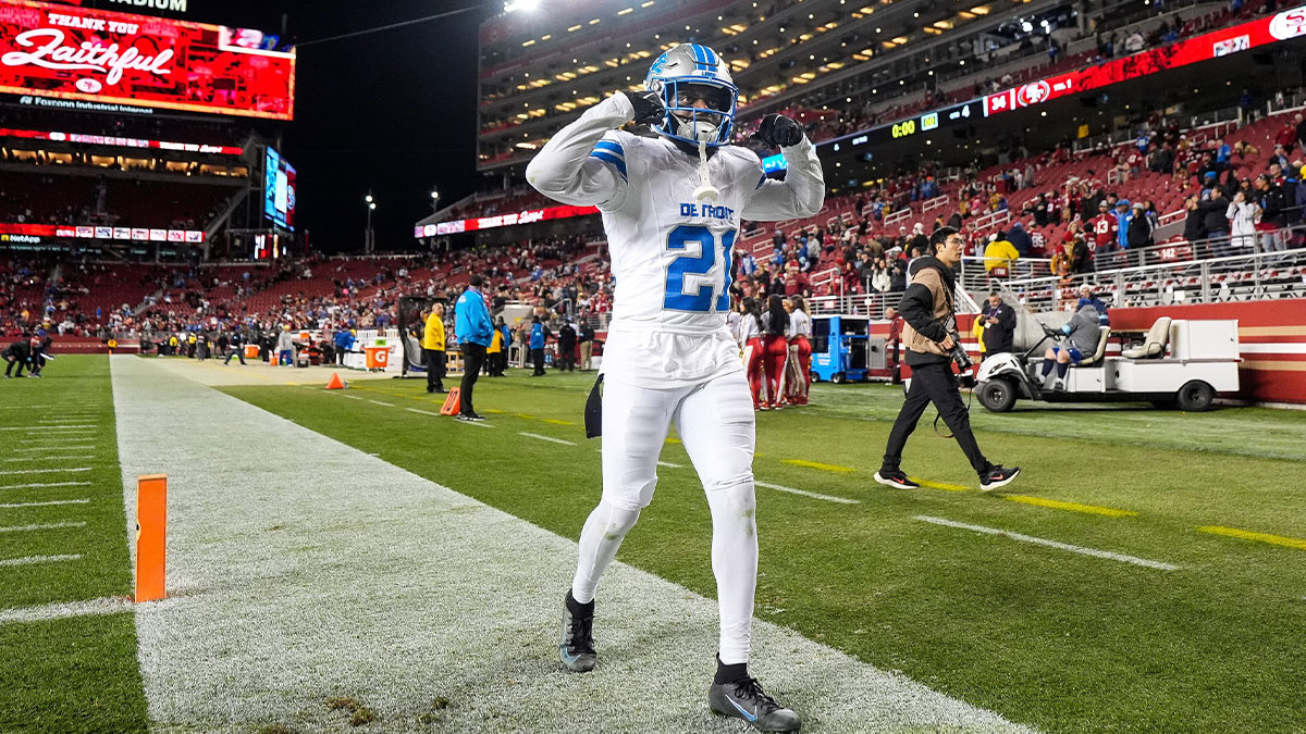 Detroit Lions cornerback Amik Robertson (21) celebrates 40-34 win over San Francisco 49ers as he exits the field at Levi's Stadium.