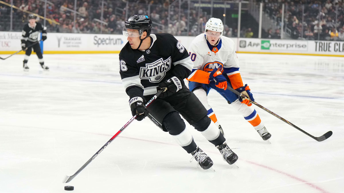 LA Kings left wing Andrei Kuzmenko (96) skates against New York Islanders right wing Simon Holmstrom (10) in the second period at the Crypto.com Arena.