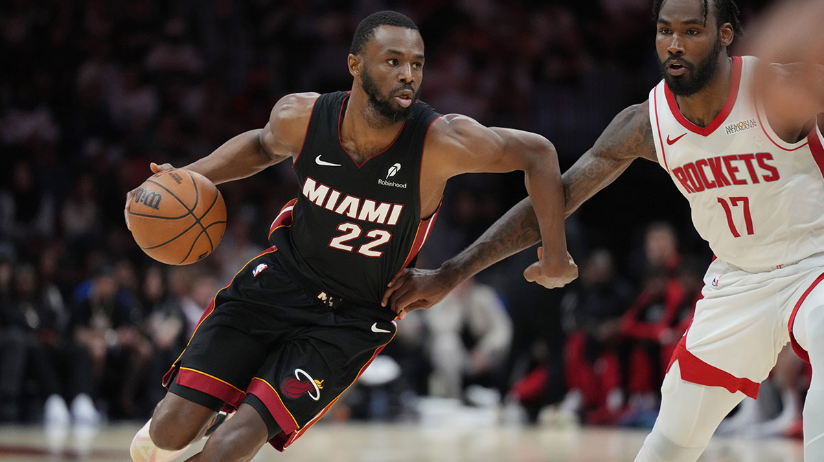 Miami Heat forward Andrew Wiggins (22) drives past Houston Rockets forward Tari Eason (17) in the second half at Kaseya Center.