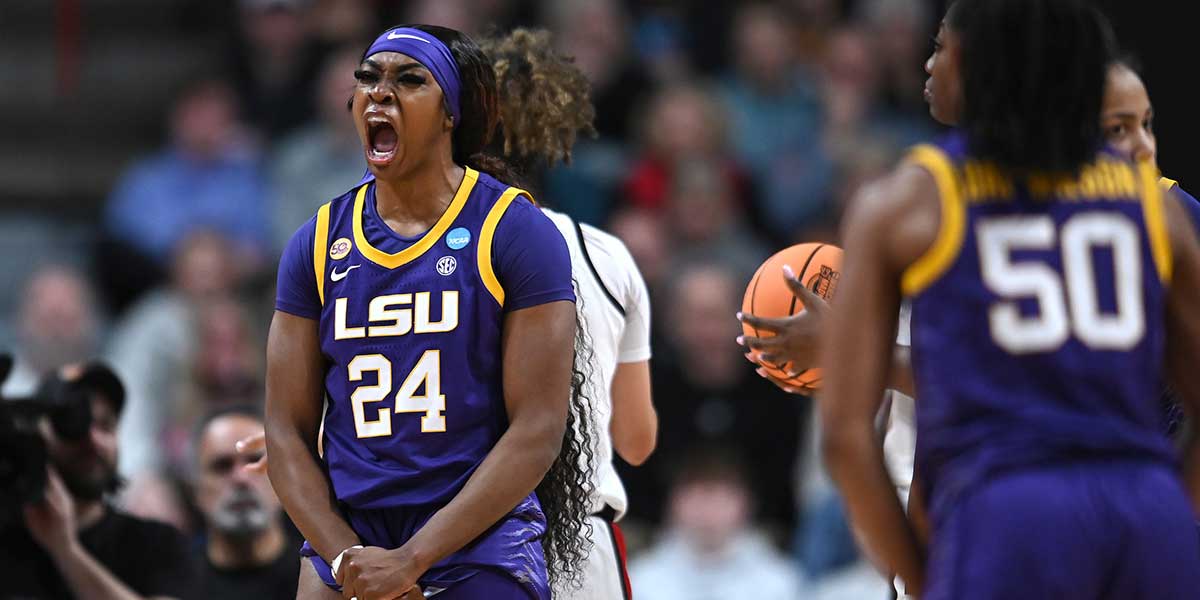 LSU Lady Tigers forward Aneesah Morrow (24) reacts after a play against the NC State Wolfpack during the second half of a Sweet 16 NCAA Tournament basketball game at Spokane Arena.
