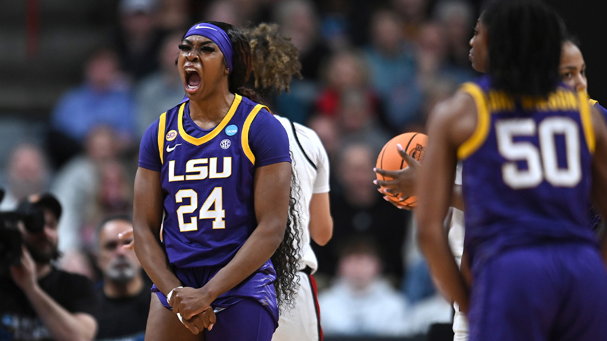 LSU Lady Tigers forward Aneesah Morrow (24) reacts after a play against the NC State Wolfpack during the second half of a Sweet 16 NCAA Tournament basketball game at Spokane Arena.