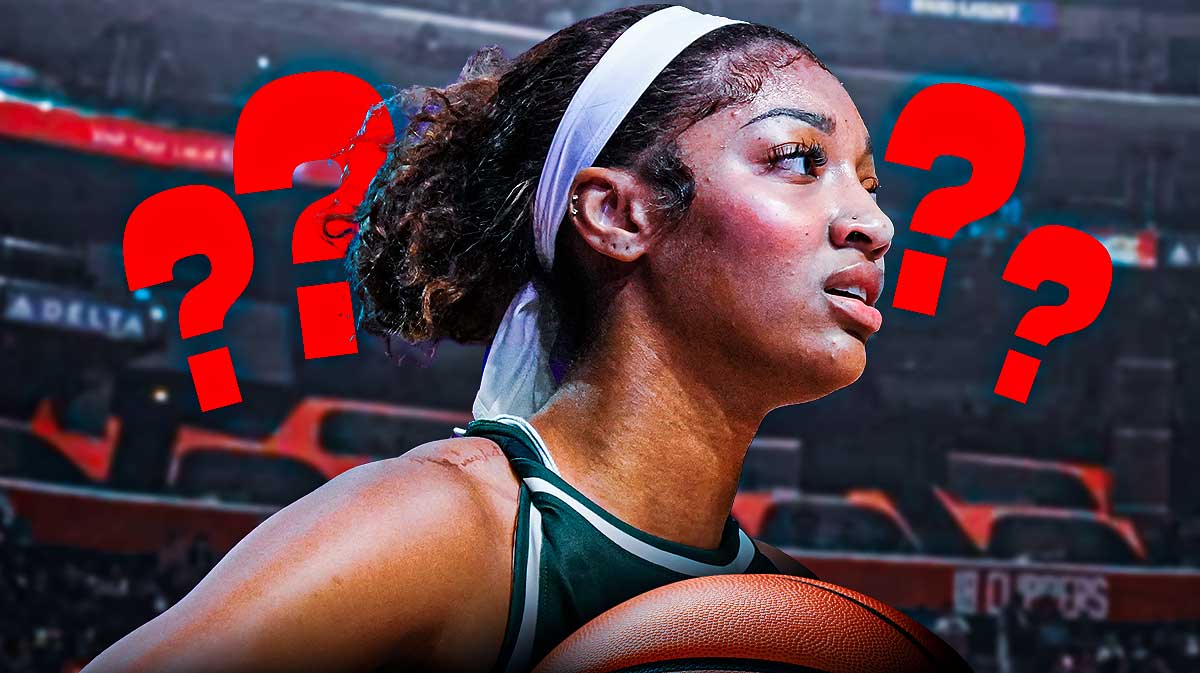 Chicago Sky player Angel Reese in a Chicago Sky uniform on a basketball court, with a neutral or sad face (NO smiles or happy expressions) and questions marks surrounding her