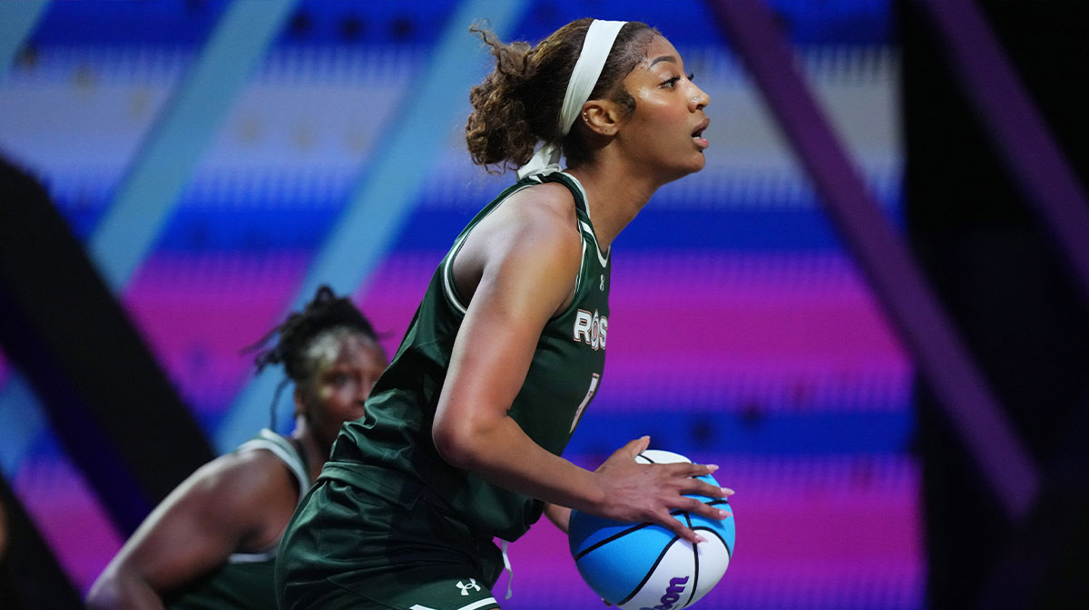 Angel Reese (5) of the Rose takes a shot against the Vinyl in the first half of the Unrivaled women’s professional 3v3 basketball league at Wayfair Arena. 