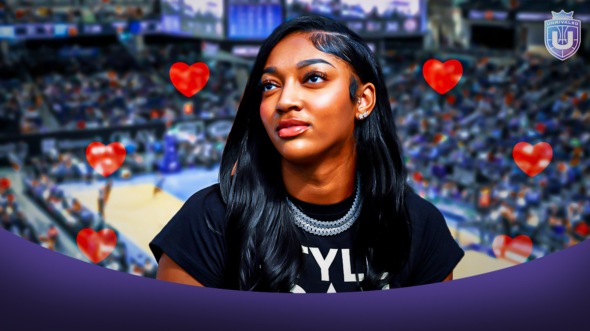 Angel Reese smiling with the Unrivaled basketball logo next to her. Surround Reese with red heart emojis.