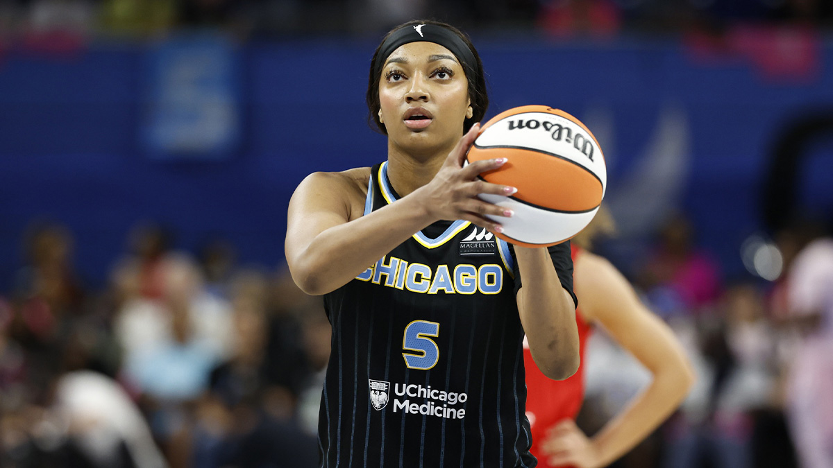 Chicago Sky forward Angel Reese (5) shoots a free throw against the Indiana Fever during the second half at Wintrust Arena.