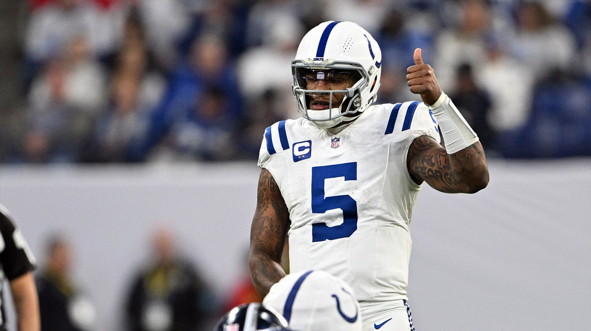 Dec 22, 2024; Indianapolis, Indiana, USA; Indianapolis Colts quarterback Anthony Richardson (5) gives a thumbs up before the snap during the second half against the Tennessee Titans at Lucas Oil Stadium.