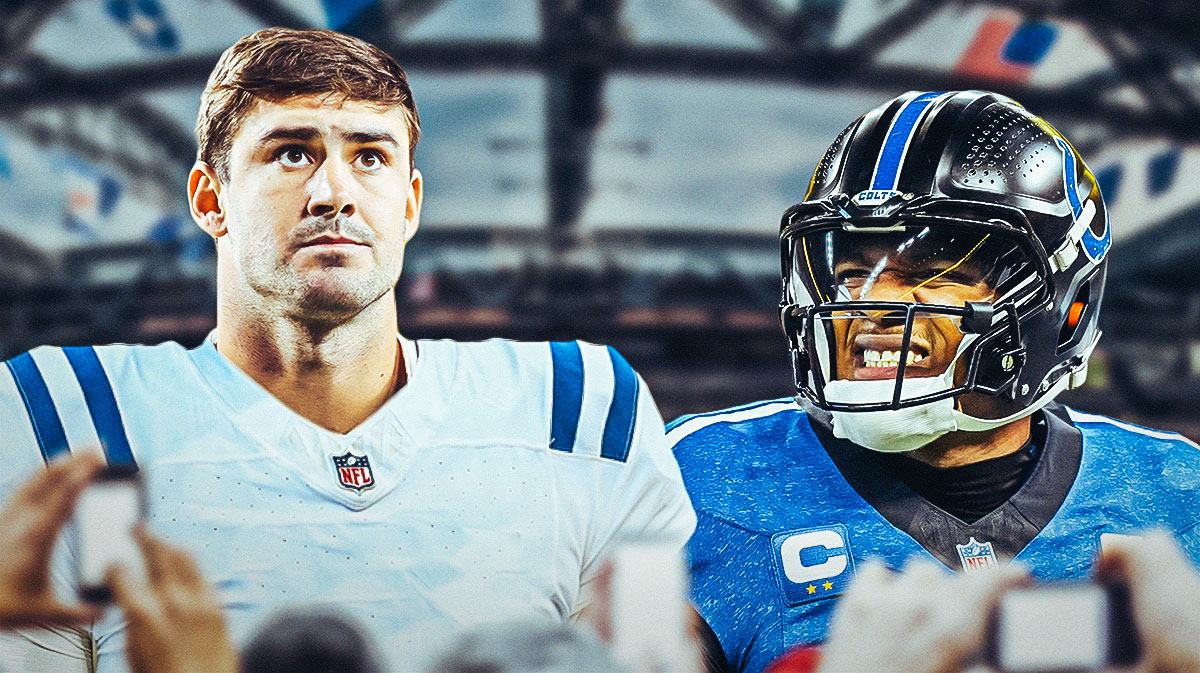 Anthony Richardson, Daniel Jones, Colts, Anthony Richardson Colts, Daniel Jones Colts, Anthony Richardson and Daniel Jones both in Colts unis with Colts stadium in the background