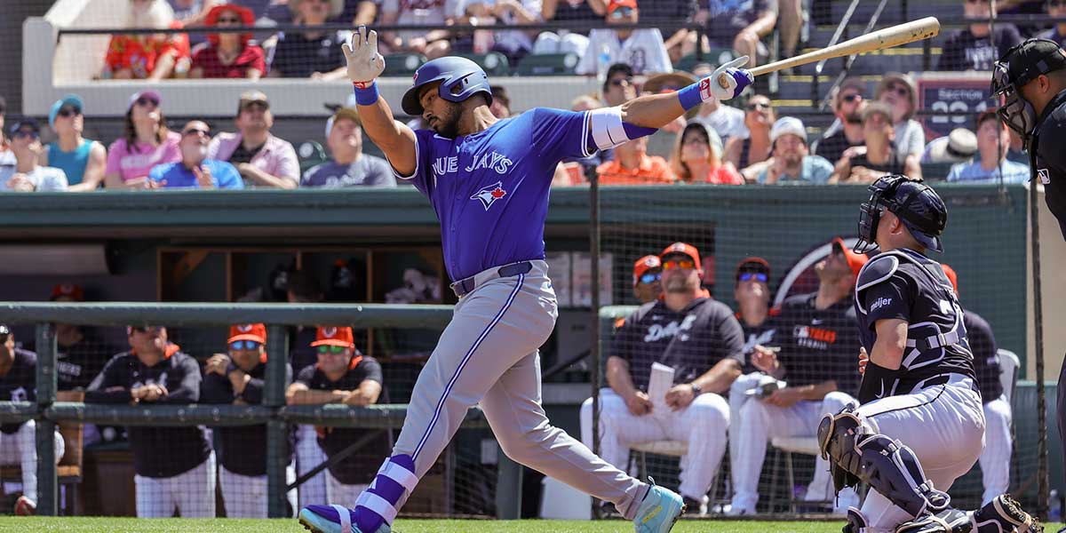 Toronto Blue Jays outfielder Anthony Santander (25) bats during the first inning against the Detroit Tigers at Publix Field at Joker Marchant Stadium.