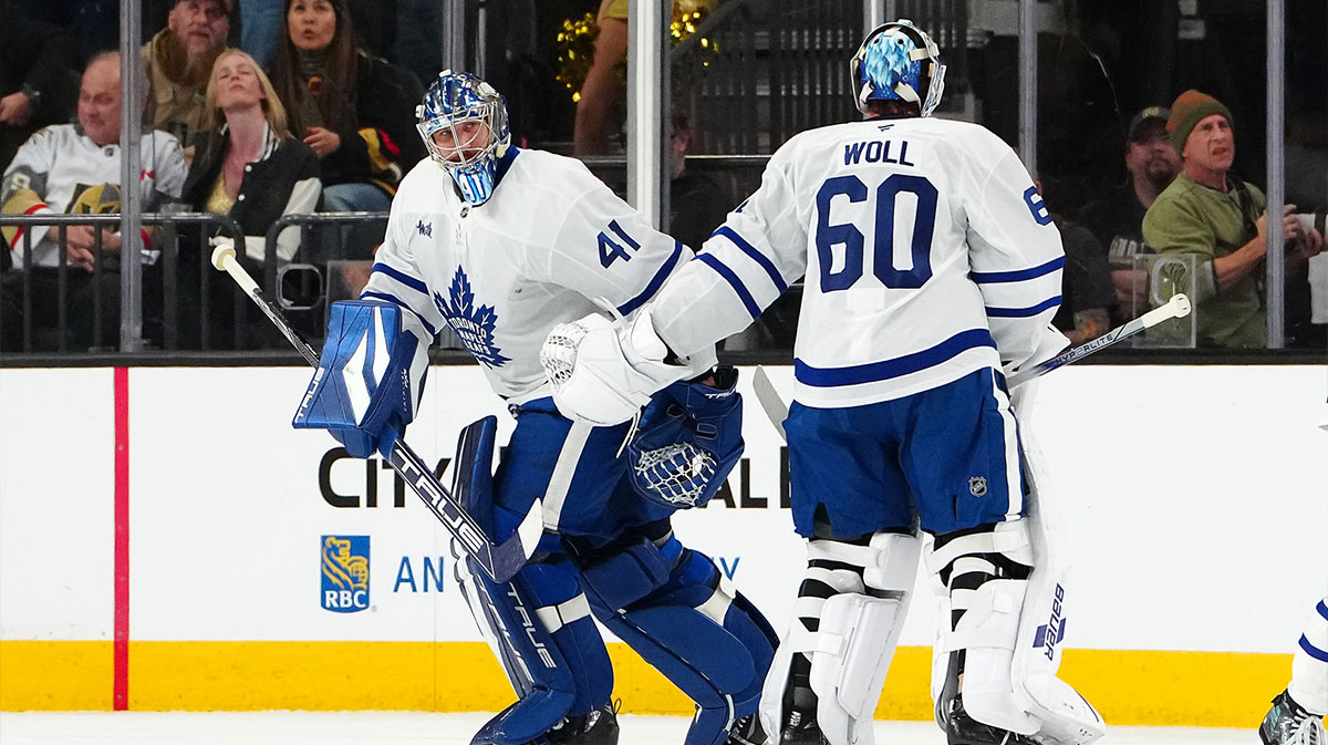 Toronto Maple Leafs goaltender Joseph Woll (60) is pulled for Toronto Maple Leafs goaltender Anthony Stolarz (41) after surrendering three goals to the Vegas Golden Knights during the first period at T-Mobile Arena
