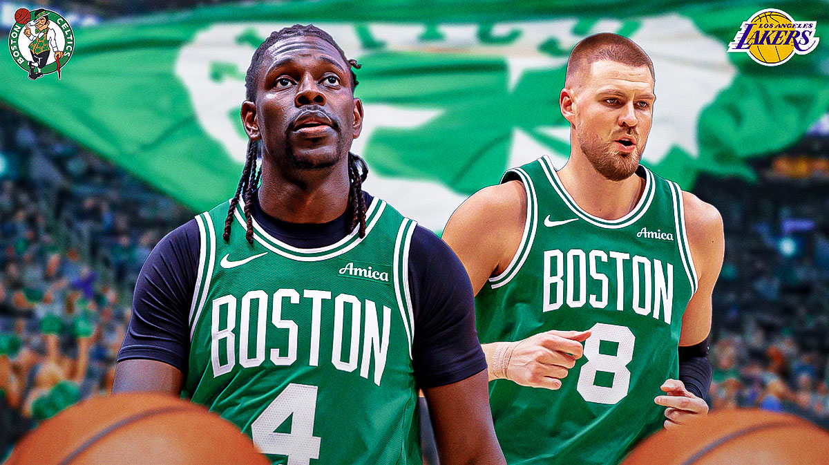 Celtics guard Jrue Holiday next to Celtics center Kristpas Porzingis with the Celtics and Lakers logos in the background