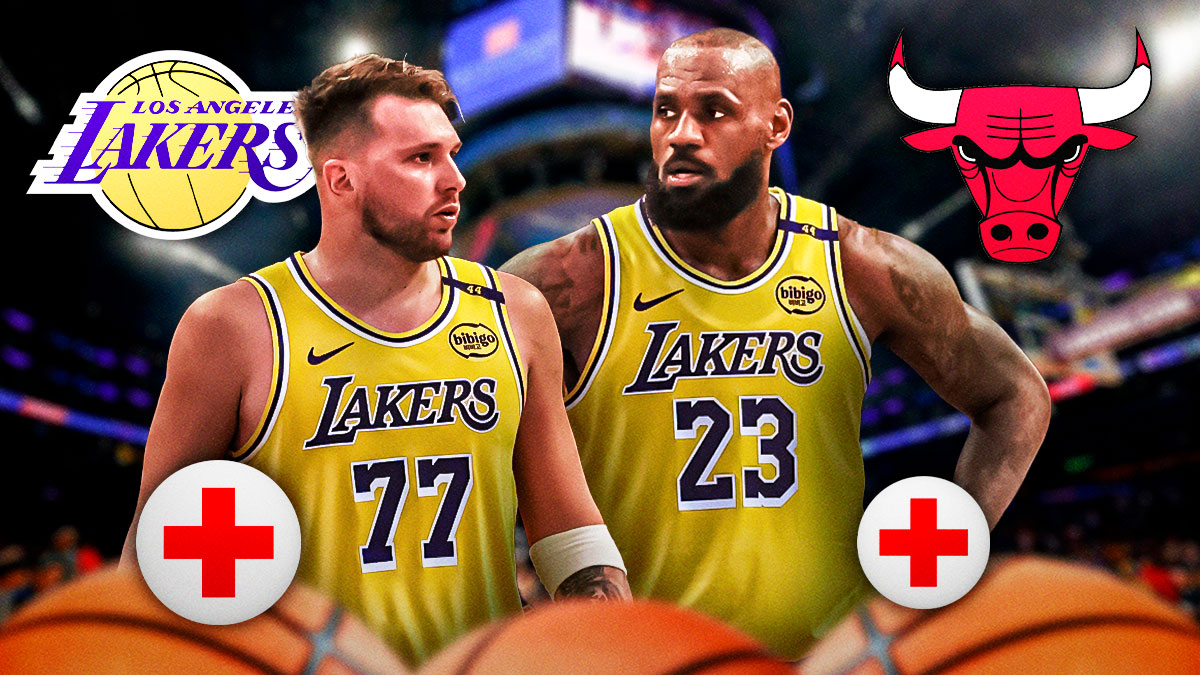 Lakers All-Star LeBron James next to Lakers guard Luka Doncic with the Lakers and Bulls logos next to them and the health symbol in the background