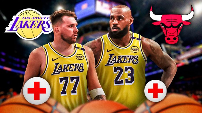 Lakers All-Star LeBron James next to Lakers guard Luka Doncic with the Lakers and Bulls logos next to them and the health symbol in the background