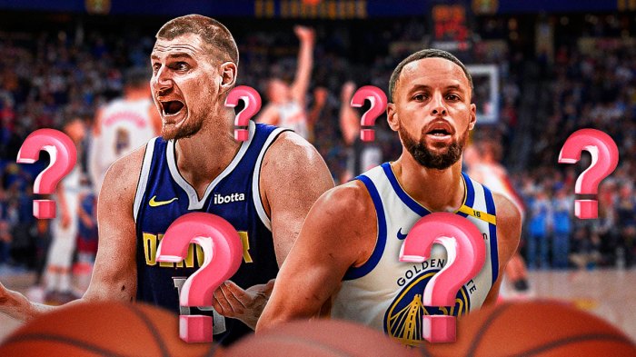 Nikola Jokic and Stephen Curry with question marks around the picture.