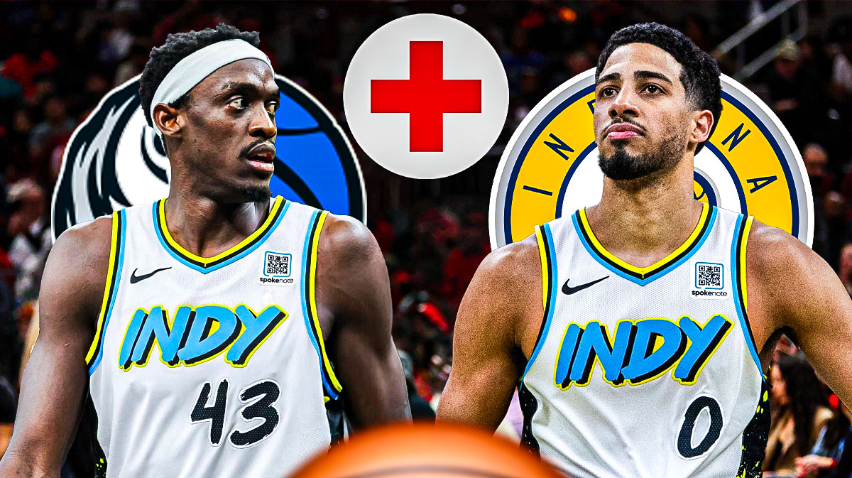 Tyrese Haliburton and Pascal Siakam, Pacers and Mavericks logos, injury symbols
