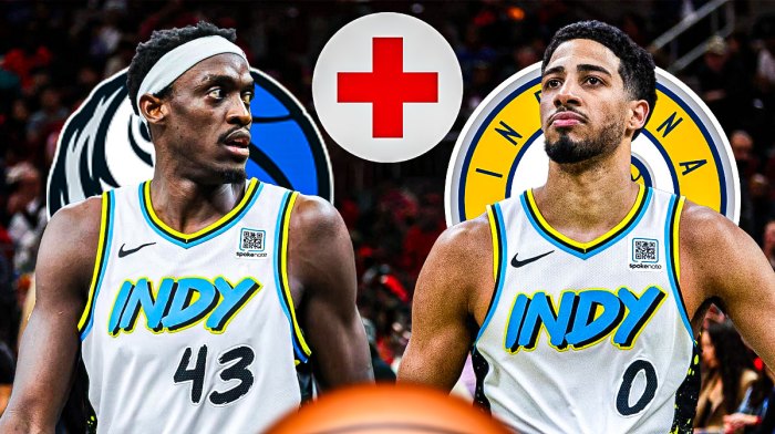 Tyrese Haliburton and Pascal Siakam, Pacers and Mavericks logos, injury symbols