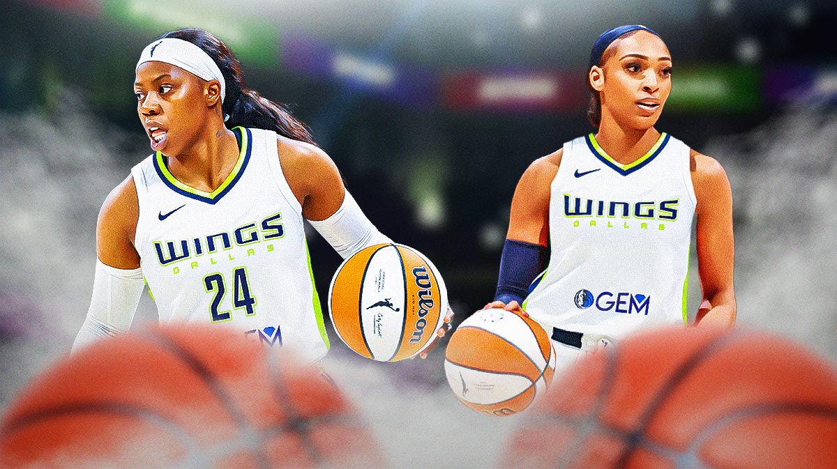 Wings Arike Ogunbowale dribbling a basketball on left. Wings DiJonai Carrington (in a Dallas Wings jersey) on right.