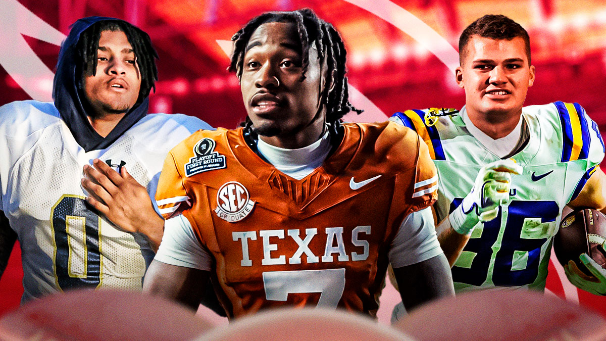 Jahdae Barron (Texas), Mason Taylor (Notre Dame), Jalen Rivers (LSU) all beside each other, Arizona Cardinals wallpaper in the background