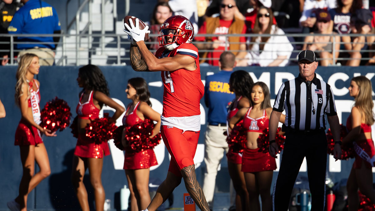 Arizona Wildcats wide receiver Tetairoa McMillan (4) catches a touchdown against the Arizona State Sun Devils in the second half during the Territorial Cup at Arizona Stadium.