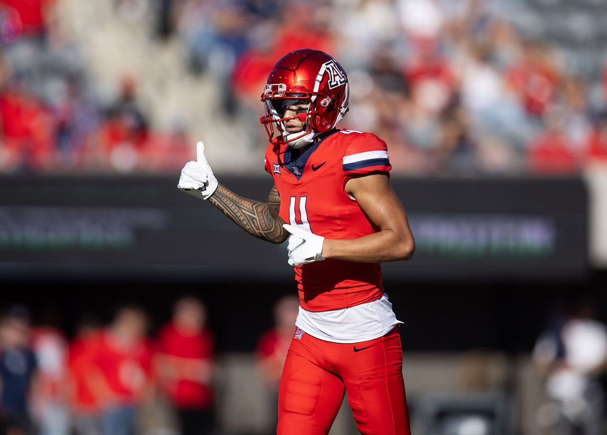 Arizona Wildcats wide receiver Tetairoa McMillan (4) against the Arizona State Sun Devils during the Territorial Cup at Arizona Stadium.