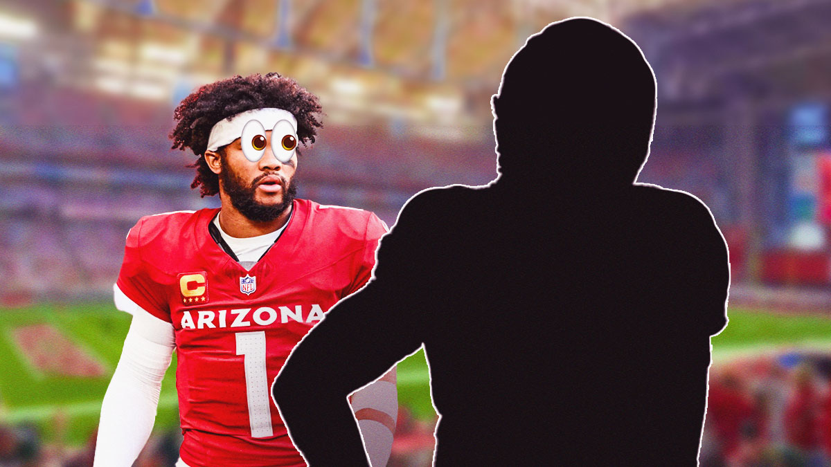 Kyler Murray in an Arizona Cardinals uniform with big cartoon eyes looking at a silhouette of Jacoby Brissett as the cardinals are adding a veteran quarterback who started for the patriots last year in free agency.