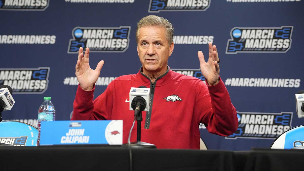 Arkansas Razorbacks head coach John Calipari answers question during the First Round Practice Session Press Conference at Amica Mutual Pavilion.
