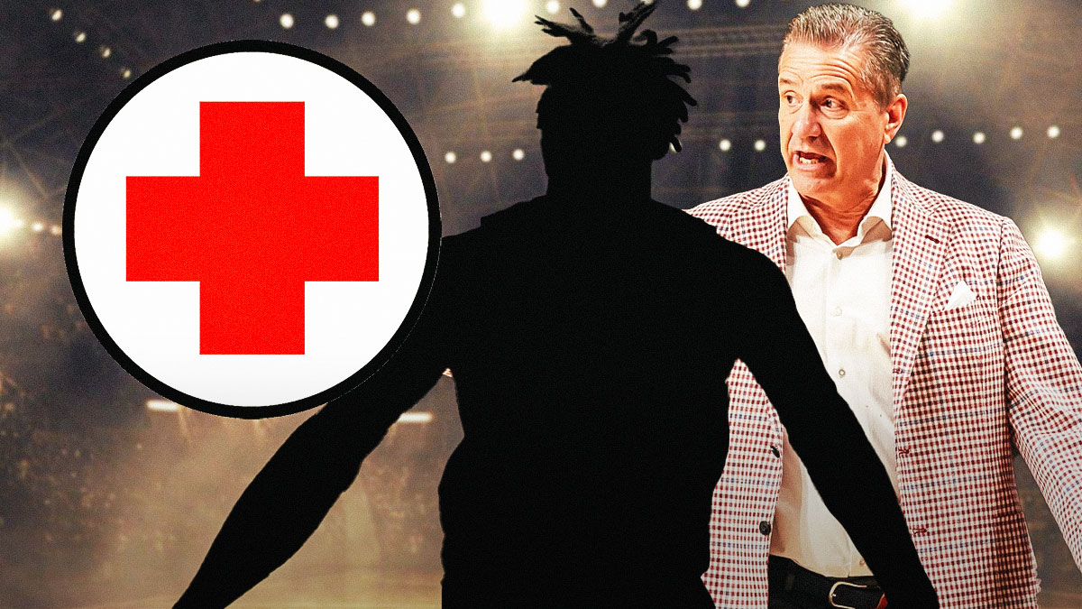 John Calipari, silhouette of Adou Thiero, Arkansas Razorbacks logo, injury symbols