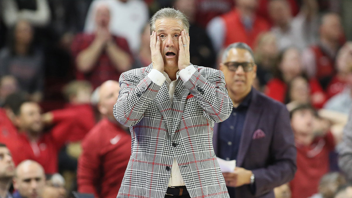Arkansas Razorbacks here coach John Calipari reacts to a call in the second half during the game against the Mississippi State Bulldogs at Bud Walton Arena.